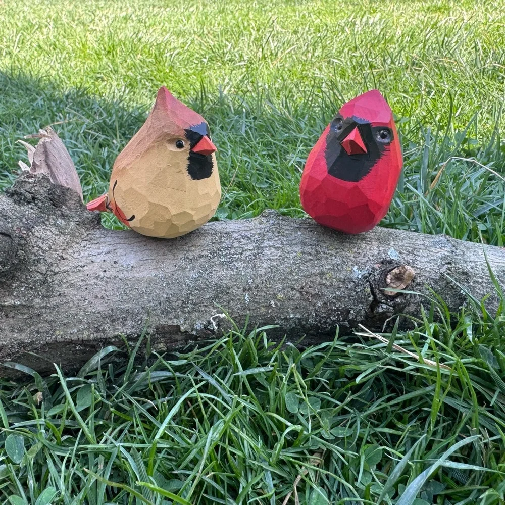 Handcrafted Wooden Bird Figurines - Red and Brown